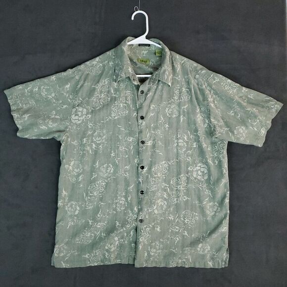 Izod Hawaiian Shirt Mens L Green Washable Silk Button Up Short Sleeve Island - Picture 1 of 8